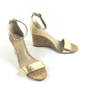 ANN TAYLOR Brett Cork Metallic Gold Wedge Ankle Strap Sandal Sz 9